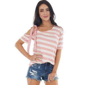NWT BiBi Cold Shoulder Short Sleeve Striped Top Pink/White Medium
